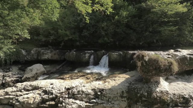 Waterfalls In Martvili Canyon, Georgia. Landscape Abasha River. Natural Monument Is Located In The Village Inchkhuri