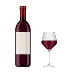 Vector illustration of a red wine bottle and glass isolated on white background. Alcoholic drink in flat cartoon style.
