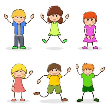 Happy girls and boys. Set of cartoon characters kids. Cute teenagers laughing. School children line style. Cute schoolchild. Vector illustration
