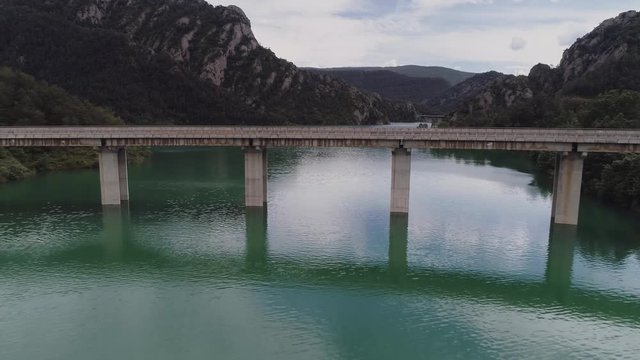 Aerial view of bridge over water reservoir in LLosa del Cavall LLeida Catalonia Spain