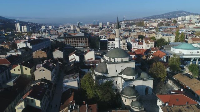 Drone shot of Ottoman mosque in historic bazaar neighborhood in Sarajevo, Bosnia and Herzegovina 