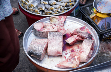 Seabass, cooked several ways and is delicious sold in the market mornings, Songkhla province Thailand country of healthy foods