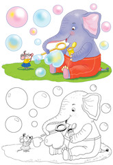 Cute and funny cartoon characters. Coloring page. Illustration for children