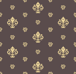 Seamless golden pattern. Modern geometric ornament with royal lilies. Classic vintage background