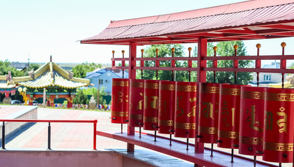 Prayer wheels in Buddhist complex Golden Abode of Buddha Shakyamuni. Elista. Kalmykia. Russia