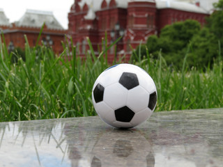 Soccer ball in the centre of Moscow near the Kremlin and Red square. Concept for football championship in Russia