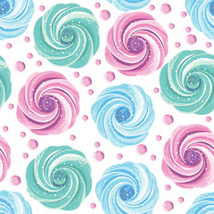 Colorful meringues zephyrs pastries cream on the white background. Dessert. Sweets and candies. Vector seamless pattern.