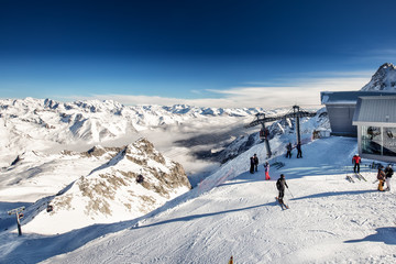 Stunning winter panorama in Tonale ski resort. View of Italian Alps from Adamelo Glacier, Italia,...