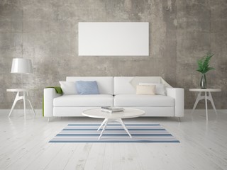 Mock up a stylish living room with a light compact sofa and hipster background.
