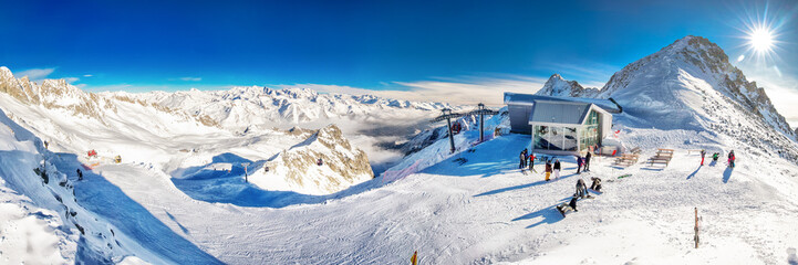 Stunning winter panorama in Tonale ski resort. View of Italian Alps from Adamelo Glacier, Italia, Europe
