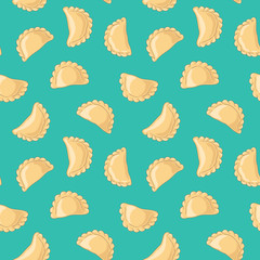 Dumplings (pierogi, varenyky, pelmeni) seamless pattern. Dumplings on background. Polish cuisine. Eastern european cuisine. Vector hand drawn illustration seamless pattern.