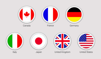 The Group of Seven flags stickers. Round icons. G7 flag with members countries names. Vector Canada, France, Germany, Italy, Japan, United Kingdom, United States simple badges. Circle geometric shapes