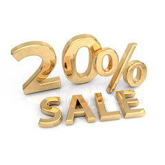 20 twenty percent 3d golden percentage sale sign symbol icon rendering illustration sale discount interest rate template isolated on white background in high resolution 