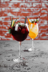 Red and white wine sangria with ice.