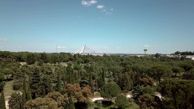 a&eacute;reo drone  volando sobre un bosque y al fondo puente  de la autopista  a6 de las rozas de madrid