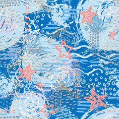 Abstract marine seamless pattern with hand-drawn textures