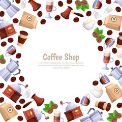 Coffee shop vector white frame background. Cartoon flat illustration. Design elements for cafe or bakery