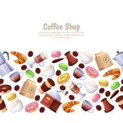 Coffee shop, desserts, vector horizontal seamless background. Cartoon illustration. Design elements for cafe or bakery.