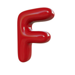 Glossy red letter F. 3D render of balloon font isolated on white background