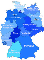 Map of germany on a white background with borders of lands and capitals. Without the names capitals but with the names of lands 
