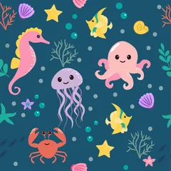 Wall murals Sea life Seamless pattern with cartoon sea life animals. Underwater background. Vector illustration.