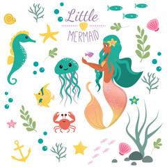Cute set Little mermaid and underwater world. Fairytale princess mermaid and seahorse, fish, jellyfish, crab. Under water in the sea mythical marine collection.