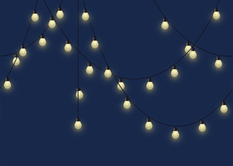 Glowing bulb garland, decorative light garland on dark background, footer and banner lamps, vector illustration