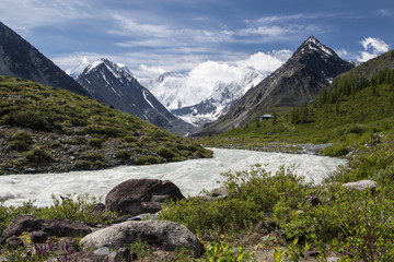 Naklejka na ściany i meble View to the highest Altai mountain peak Beluha from the Akkem valley, Russia