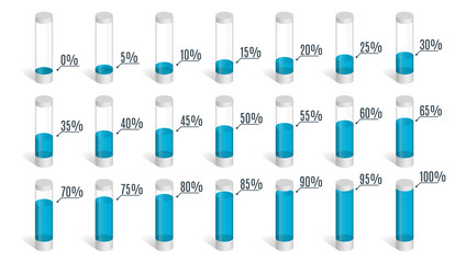 Set of blue percentage charts for infographics, 0 5 10 15 20 25 30 35 40 45 50 55 60 65 70 75 80 85 90 95 100 percent. Vector illustration.