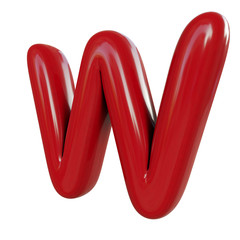 Glossy red letter W. 3D render of balloon font isolated on white background