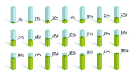 Set of green percentage charts for infographics, 0 5 10 15 20 25 30 35 40 45 50 55 60 65 70 75 80 85 90 95 100 percent. Vector illustration.