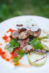 Pork shish kebab with grilled squash