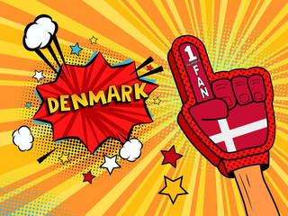 Male hand in the country flag glove of a sports fan raised up celebrating win and Denmark speech bubble with stars and clouds. Vector colorful illustration in retro comic style