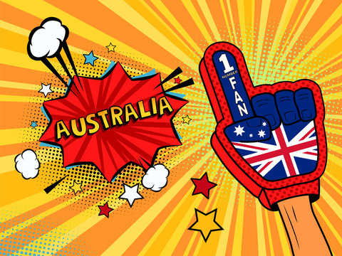 Male hand in the country flag glove of a sports fan raised up celebrating win and Belgium speech bubble with stars and clouds. Vector colorful illustration in retro comic style