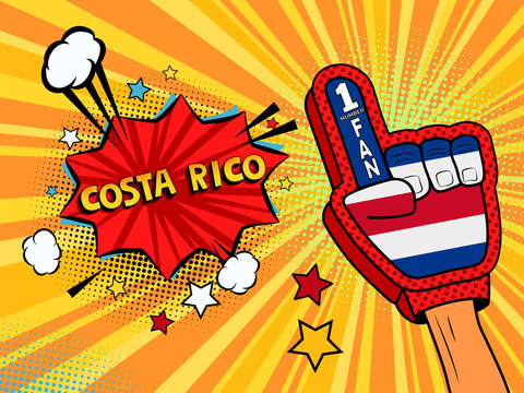 Male hand in the country flag glove of a sports fan raised up celebrating win and Costa rico speech bubble with stars and clouds. Vector colorful illustration in retro comic style
