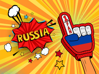 Male hand in the country flag glove of a sports fan raised up celebrating win and Russia speech bubble with stars and clouds. Vector colorful illustration in retro comic style