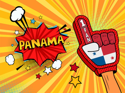 Male hand in the country flag glove of a sports fan raised up celebrating win and Panama speech bubble with stars and clouds. Vector colorful illustration in retro comic style