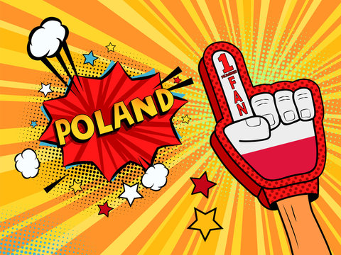 Male hand in the country flag glove of a sports fan raised up celebrating win and Poland speech bubble with stars and clouds. Vector colorful illustration in retro comic style