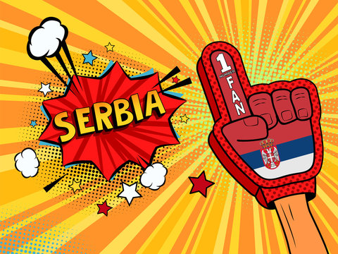 Male hand in the country flag glove of a sports fan raised up celebrating win and Serbia speech bubble with stars and clouds. Vector colorful illustration in retro comic style