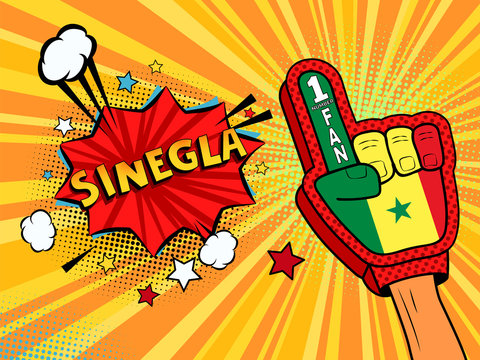 Male hand in the country flag glove of a sports fan raised up celebrating win and Sinegal speech bubble with stars and clouds. Vector colorful illustration in retro comic style
