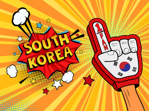 Male hand in the country flag glove of a sports fan raised up celebrating win and South Korea speech bubble with stars and clouds. Vector colorful illustration in retro comic style