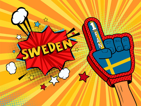 Male hand in the country flag glove of a sports fan raised up celebrating win and Sweden speech bubble with stars and clouds. Vector colorful illustration in retro comic style