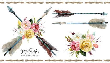 Watercolor boho floral illustration set - arrows with vivid colorful flower bouquets for wedding, anniversary, birthday, invitations, tribal native american symbol, bohemian, indian, DIY. © Veris Studio