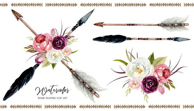 Watercolor boho floral illustration set - arrows with vivid colorful flower bouquets for wedding, anniversary, birthday, invitations, tribal native american symbol, bohemian, indian, DIY.