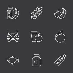 line fitness nutrition, low-calorie food icons set on dark back