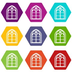 Oriental window frame icons 9 set coloful isolated on white for web