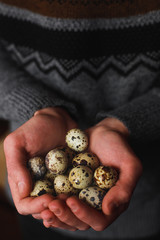 Fresh, raw eggs lie in the hands. Healthy eating. Easter composition.