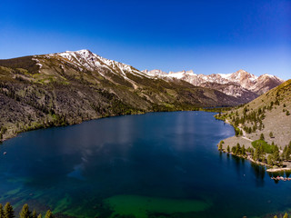 Aerial view of lower Twin Lakes in the Eastern Sierras