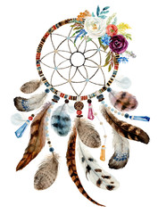 Isolated watercolor decoration bohemian dreamcatcher, floral boho feathers decoration, native flower chic design, mystery ethnic tribal print, american culture design, gypsy ornament, dream catcher. - obrazy, fototapety, plakaty