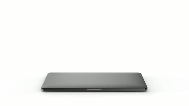 Laptop with blank screen isolated on white background. Whole in focus. 4K 30fps